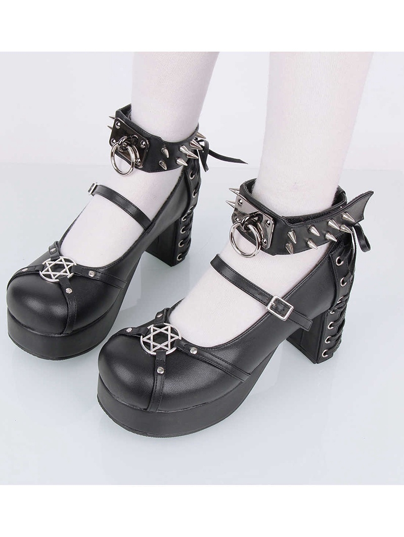 Black Gothic Pentagram Rivet Strappy High Heel Shoes