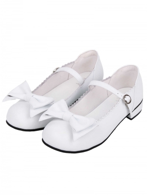 White Lolita Round Toe Bow Strap Flat Shoes