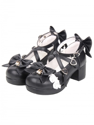 Black Gothic Lolita Bow Strappy Shoes with Pearl