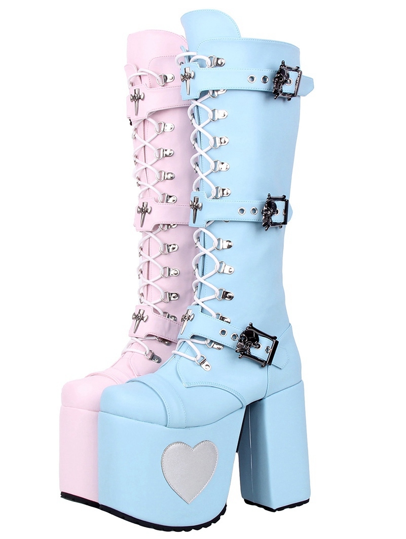 Pink and Blue Gothic Skull Buckle High Block Heel Boots