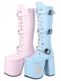 Pink and Blue Gothic Skull Buckle High Block Heel Boots