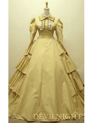 Yellow Cotton Long Sleeves Classic Gothic Victorian Dress