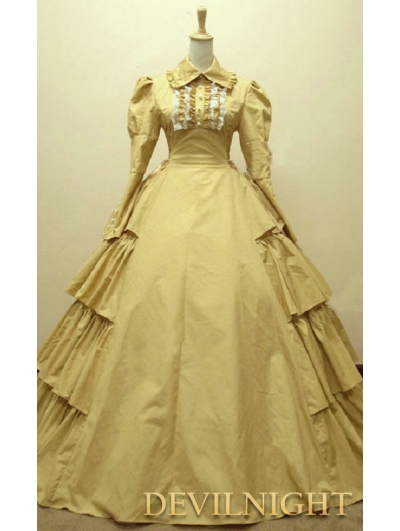 Yellow Cotton Long Sleeves Classic Gothic Victorian Dress