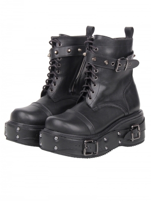Black Gothic Rivet Buckle Platform Combat Ankle Boots