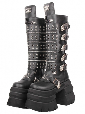 Black Gothic Stacked Platform Zip Eyelet Strap Boots