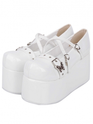 White Gothic Butterfly Cross Strap Wedge Platform Shoes