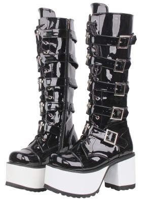 Black and White Gothic Skull Cross Rivet Strap Boots