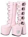 Pink Gothic Skull Buckle Lace Up Platform High Heel Boots