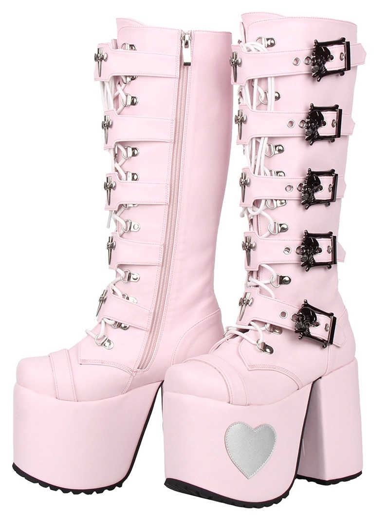 Pink Gothic Skull Buckle Lace Up Platform High Heel Boots