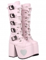 Pink Gothic Skull Buckle Lace Up Platform High Heel Boots