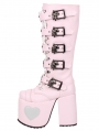 Pink Gothic Skull Buckle Lace Up Platform High Heel Boots