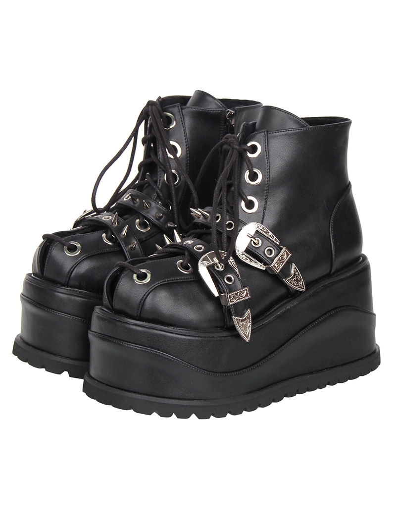 Black Gothic Spiked Eyelet Strap Laced Wedge Boots