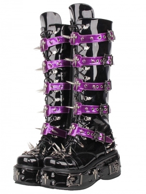 Black and Purple Gothic Skull Spiked Stud Platform Boots