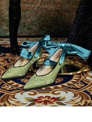 Green Jacquard Satin Bow Strap Victorian Shoes