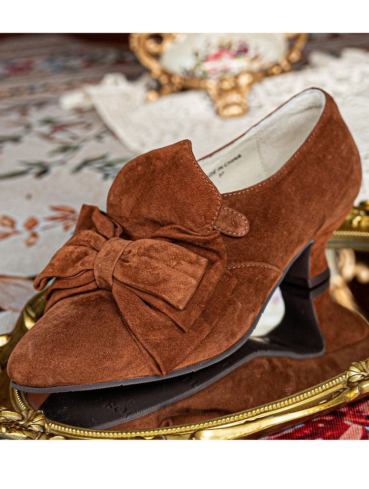 Brown Pointed Toe Heeled Victorian Shoes with Bow