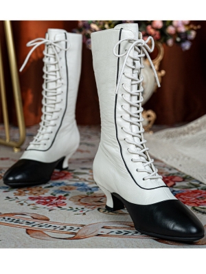 Black and White Victorian Lace-Up Leather Boots