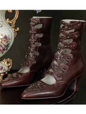 Brown Leather Cutout Beaded Embroidery Victorian Boots
