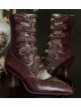 Brown Leather Cutout Beaded Embroidery Victorian Boots