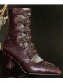 Brown Leather Cutout Beaded Embroidery Victorian Boots