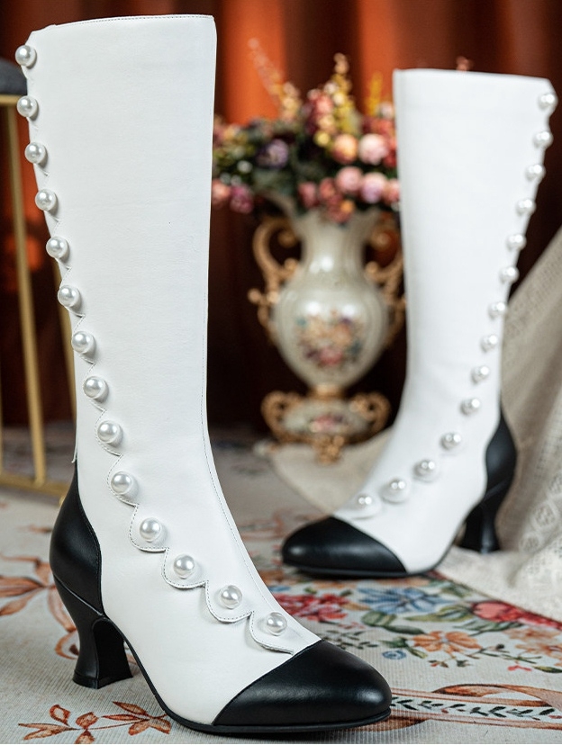 White and Black Beaded Victorian Sculpted Heel Boots