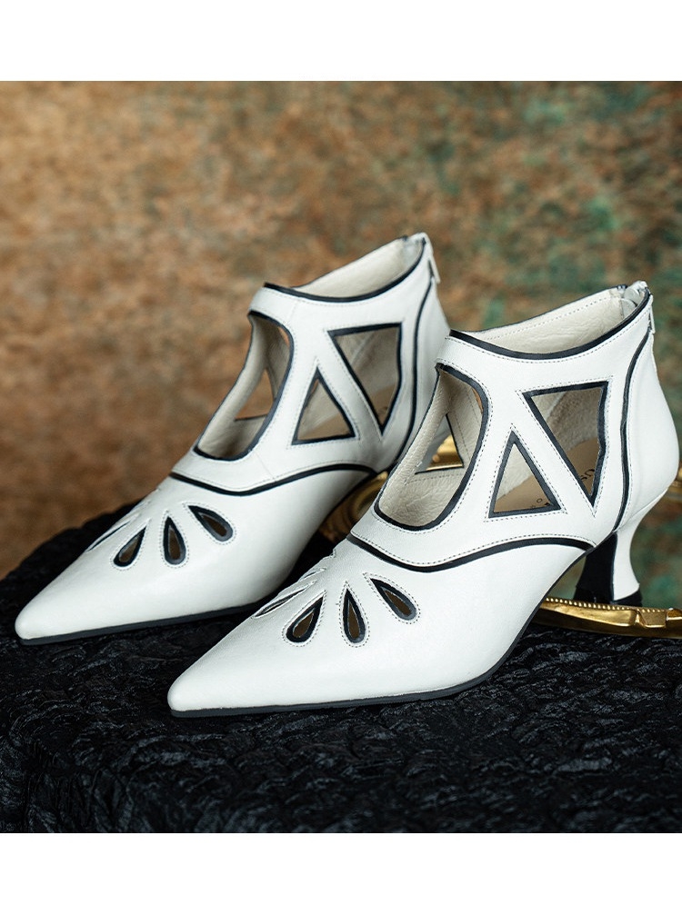 White Cutout Back Zip Victorian Leather Shoes