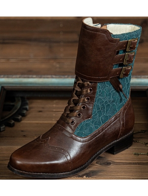 Brown Leather Green Lace Gothic Victorian Lace-Up Shoes