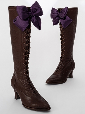 Coffee Victorian Heeled Knee High Boots with Purple Bow