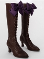 Coffee Victorian Heeled Knee High Boots with Purple Bow