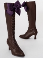 Coffee Victorian Heeled Knee High Boots with Purple Bow