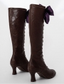 Coffee Victorian Heeled Knee High Boots with Purple Bow