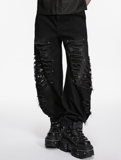 Black Gothic Punk Tattered Denim Pants for Men