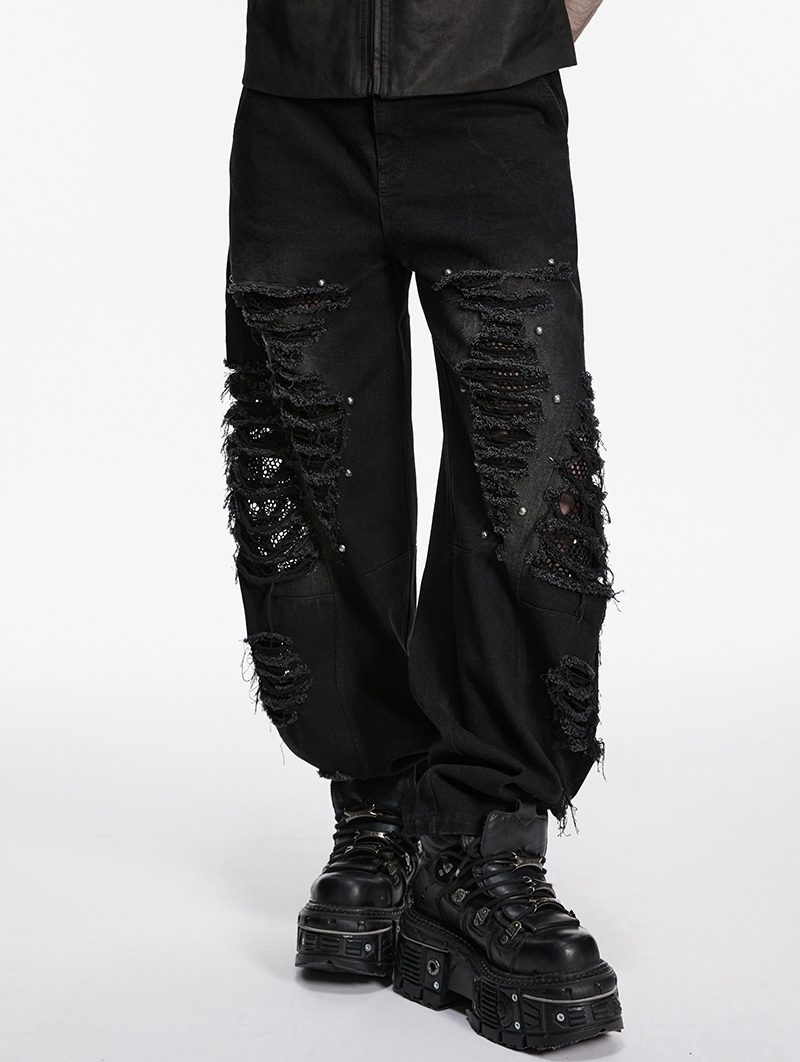 Black Gothic Punk Tattered Denim Pants for Men
