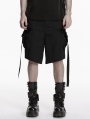 Black Men's Gothic Cargo Shorts with Pockets and Straps