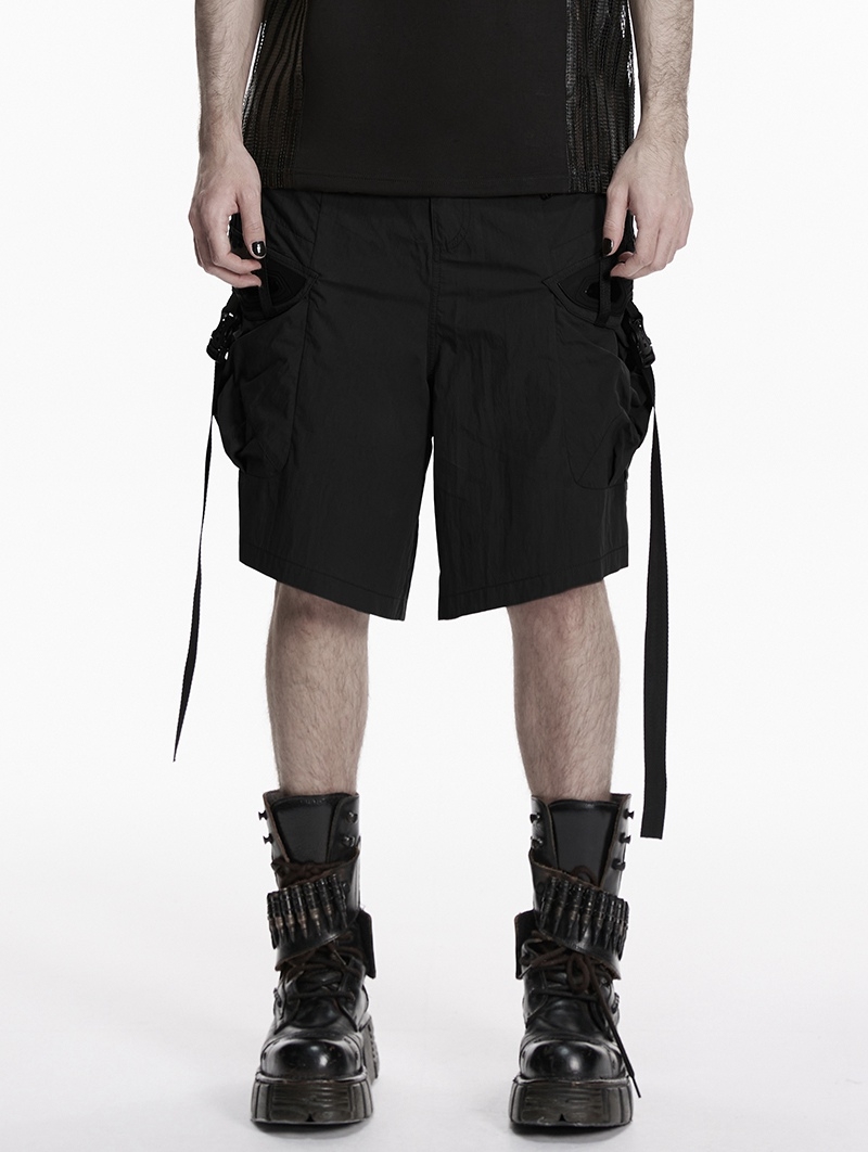 Black Men's Gothic Cargo Shorts with Pockets and Straps