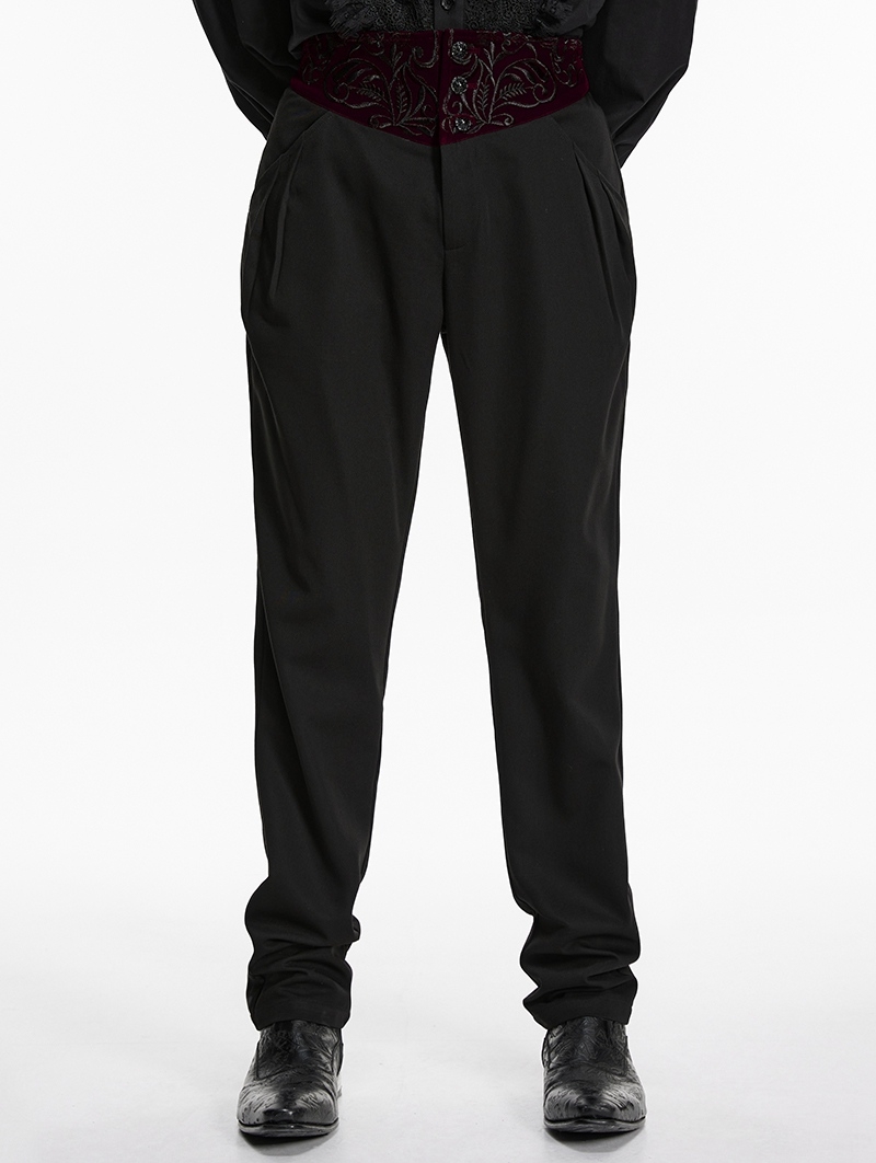 Black and Red Gothic Embroidered Velvet Patched Pants for Men