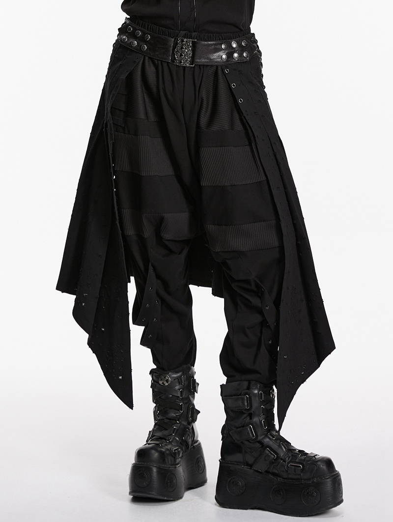 Black Gothic Punk Irregular Stud Belted Skirt for Men