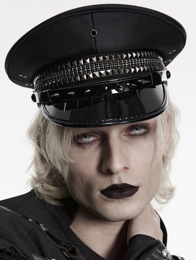 Black Gothic Punk Studded Military Style Hat for Men