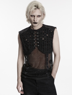 Black Gothic Punk Mesh Perforated Vest Top for Men