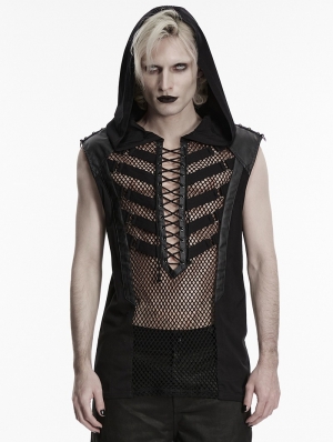 Black Gothic Punk Skeleton Vision Hooded Vest Top for Men