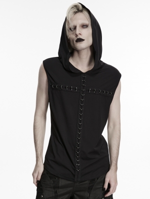 Black Gothic Dark Cross Rings Hooded Tank Top for Men