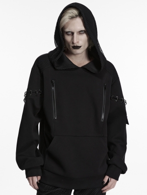 Black Gothic Cyberpunk Mesh Knitted Hoodie for Men