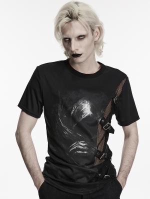 Black Gothic Printed Punk Mesh Spliced T-Shirt for Men