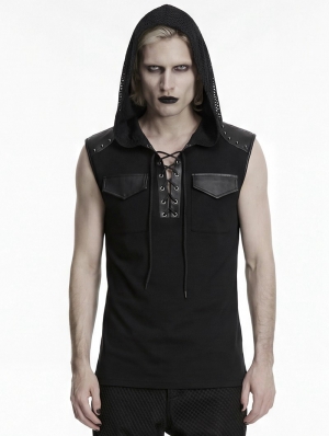 Black Gothic Punk Simple Hooded Sleeveless T-Shirt for Men