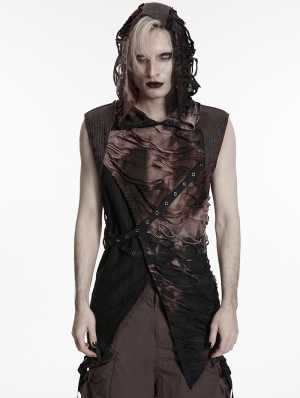 Black and Coffee Gothic Wasteland Hooded Tattered Vest Top for Men