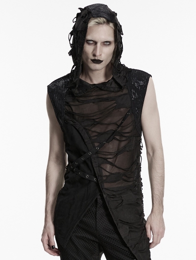 Black Gothic Wasteland Hooded Tattered Vest Top for Men