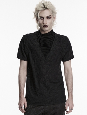 Black Gothic Patterned Pleated Drape T-Shirt for Men