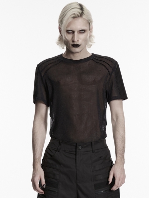 Black Gothic Punk Perspective Mesh T-Shirt for Men