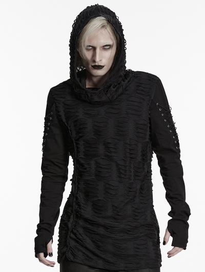 Black Gothic Decadent Hooded Long Sleeve T-Shirt for Men