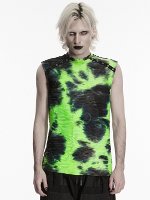 Black and Green Tie-Dyed Cyber Gothic Vest Top for Men