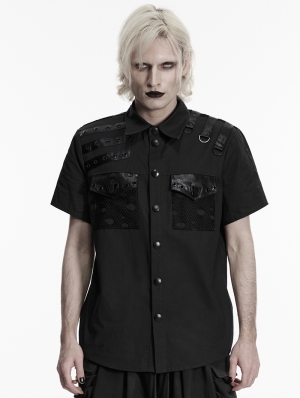Black Gothic Punk Distressed Mesh Spliced Shirt for Men